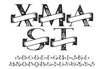 Vector decorative alphabet featuring elegant serif letters wrapped with ribbon and floral elements. Perfect for Christmas, holiday greetings, wedding invitations and monogram logos