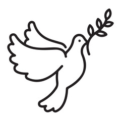 A black line drawing of a dove flying while holding an olive branch in its beak. Line icon style editable stroke
