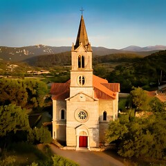 A picturesque church sits serenely amidst lush green trees and rolling hills