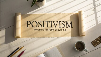 Motivational concept of positivism displayed on a vintage scroll with sunlight, coffee cup, and stationery on a wooden desk