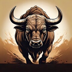 A powerful bull with large horns charges forward with intense focus