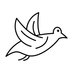 A black outline of a dove in flight with minimalist wing detail and a simple eye against a white backdrop. Line icon style editable stroke