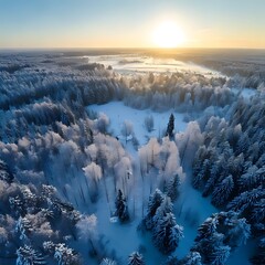 Aerial view of a frost-covered forest landscape at sunrise