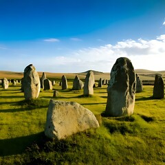 Ancient stone circle in a field under a bright blue sky