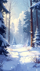 Snowy forest scene with pathway through trees and falling snowflakes