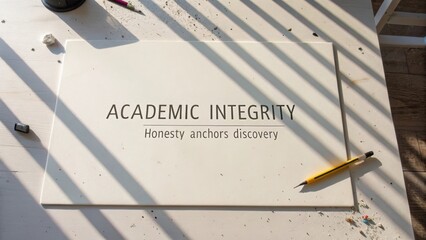 Inspirational message about academic integrity highlighting honesty and discovery with shadows from window blinds on a desk
