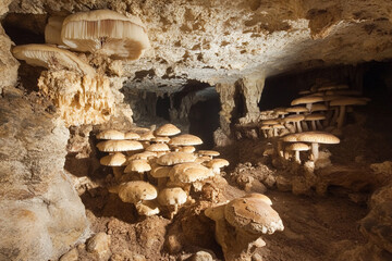 A colony of mushrooms growing in a hidden underground cavern