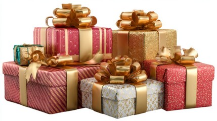 Pile of red christmas gift boxes with shiny gold ribbons isolated on transparent background for holiday celebration, festive presents, seasonal decoration, and gift wrapping concept