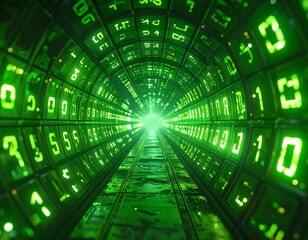 3D perspective tunnel of glowing green alphanumeric symbols, futuristic matrix code vortex background
