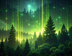 Horizontal and vertical code lines with glowing pulses, gradient from dark forest green to neon lime background