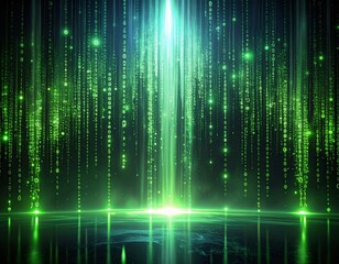 Motion blur of green code characters cascading like a waterfall on dark slate background, digital matrix data rain