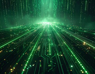 Overhead illuminated circuit paths with descending green code particles, futuristic network background with copy space