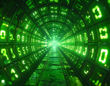 3D perspective tunnel of glowing green alphanumeric symbols, futuristic matrix code vortex background