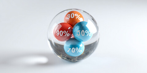 Colorful percentage balls inside glass sphere on white background  