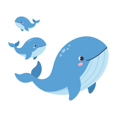 Cute cartoon illustration of a whale family with a mother and two calves swimming.