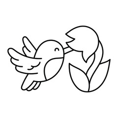 A simple line drawing of a bird feeding on a flower. Line icon style editable stroke