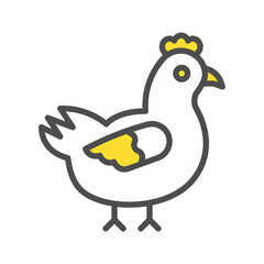 An illustration of a chicken with a yellow comb and wing marking outlined in gray and white