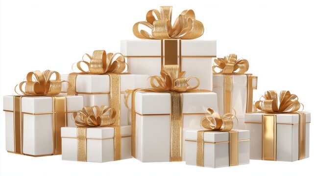 Pile of red christmas gift boxes with shiny gold ribbons isolated on transparent background for holiday celebration, festive presents, seasonal decoration, and gift wrapping concept - Powered by Adobe