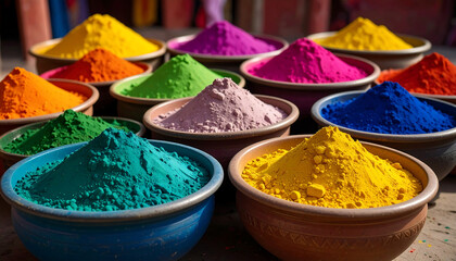 Vibrant colorful powder bowls displayed against a transparent background