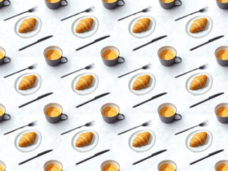 Breakfast pattern of croissants coffee and utensils