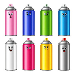 Cartoon spray cans with faces, assorted colors on black