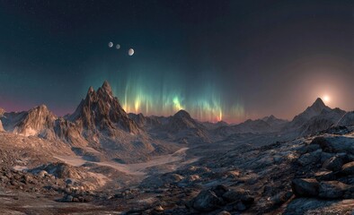 Otherworldly landscape featuring aurora-like lights and rocky mountains under a starry sky