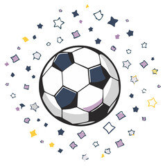 Vector football soccer ball illustration surrounded by decorative confetti shapes and stars for sport promotion and celebration