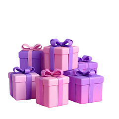 Stacked gifts in pinks and purples, tied with bows