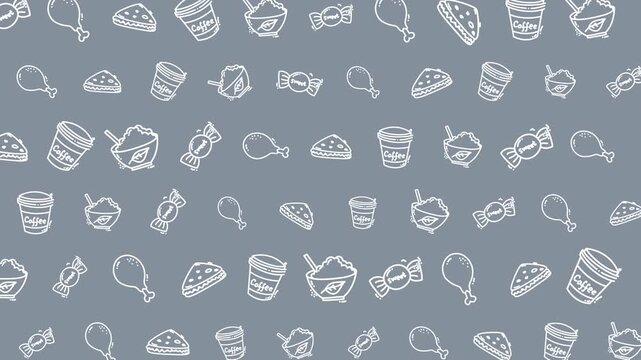 Food pattern animation doodle outline seamless repeating background snack beverage suitable for menus, restaurant branding, packaging, digital backgrounds, and social media content