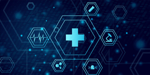 Abstract medical technology featuring interconnected glowing hexagons with healthcare icons. Ideal for digital health, diagnostics, AI in medicine, and scientific innovation. Vector illustration.
