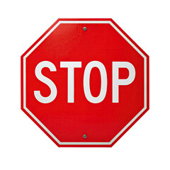 Red stop sign, white letters, octagon shape on black back