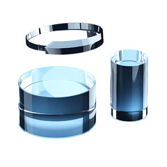 Three clear, geometric glass objects