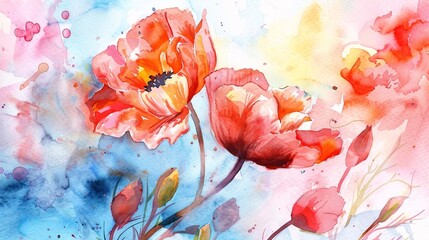 Beautiful watercolor flowers blend soft colors, creating a delicate and vibrant artwork.