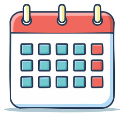 Cartoon illustration of a calendar with a red top and blue and red dates