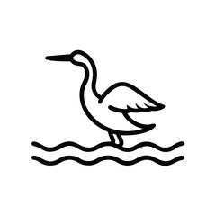 Black outline of a heron wading in water depicted with minimalist design. Line icon style editable stroke
