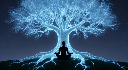 Exploring the profound science of healthy living through meditation, this visualization illustrates inner peace and spiritual growth with a glowing energy tree