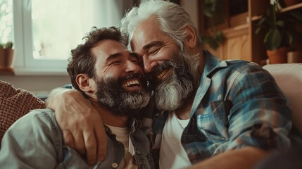 Two smiling elderly men with beards embrace warmly on a cozy couch in a sunlit living room filled with plants.