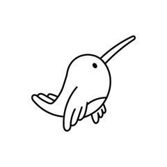 Black  white drawing of a bird with a long beak curved wings and small feet. Line icon style editable stroke