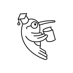 Cartoon bird wearing a graduation cap glasses and reading a book. Line icon style editable stroke