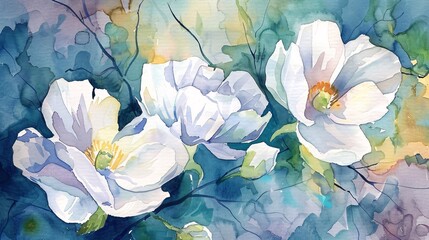 Beautiful watercolor flowers blend soft colors, creating a delicate and vibrant artwork.