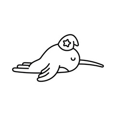 Cartoon narwhal laying down wearing a star hat. Line icon style editable stroke