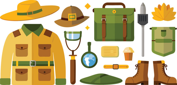 Embark on thrilling adventures with this vibrant collection of explorer gear, including a safari jacket, hats, boots, and essential tools for discovery.