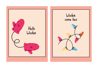 Poster set with quotes New Year and Christmas posters. Trendy winter vector. Hand drawn doodle cozy posters for home interior