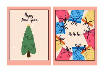 Poster set. New Year and Christmas posters. Trendy winter vector. Hand drawn doodle cozy posters for home interior
