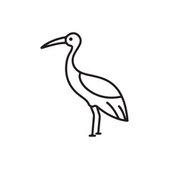 Line drawing of a cranelike bird with a long beak slender neck standing on two legs. Line icon style editable stroke