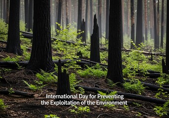 Regrowth in a burnt forest with text about environmental exploitation