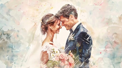 A romantic watercolor illustration depicts a bride