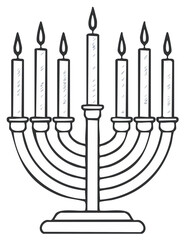 Fototapeta premium Hanukkah Menorah Outline with Seven Lit Candles, Black and White Drawing