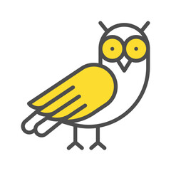 Stylized owl illustration with white body yellow wings and eyes thin black outlines and simple geometric shapes