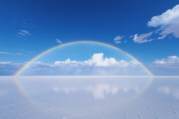 A rainbow stretching across the salt flats, forming a perfect arc